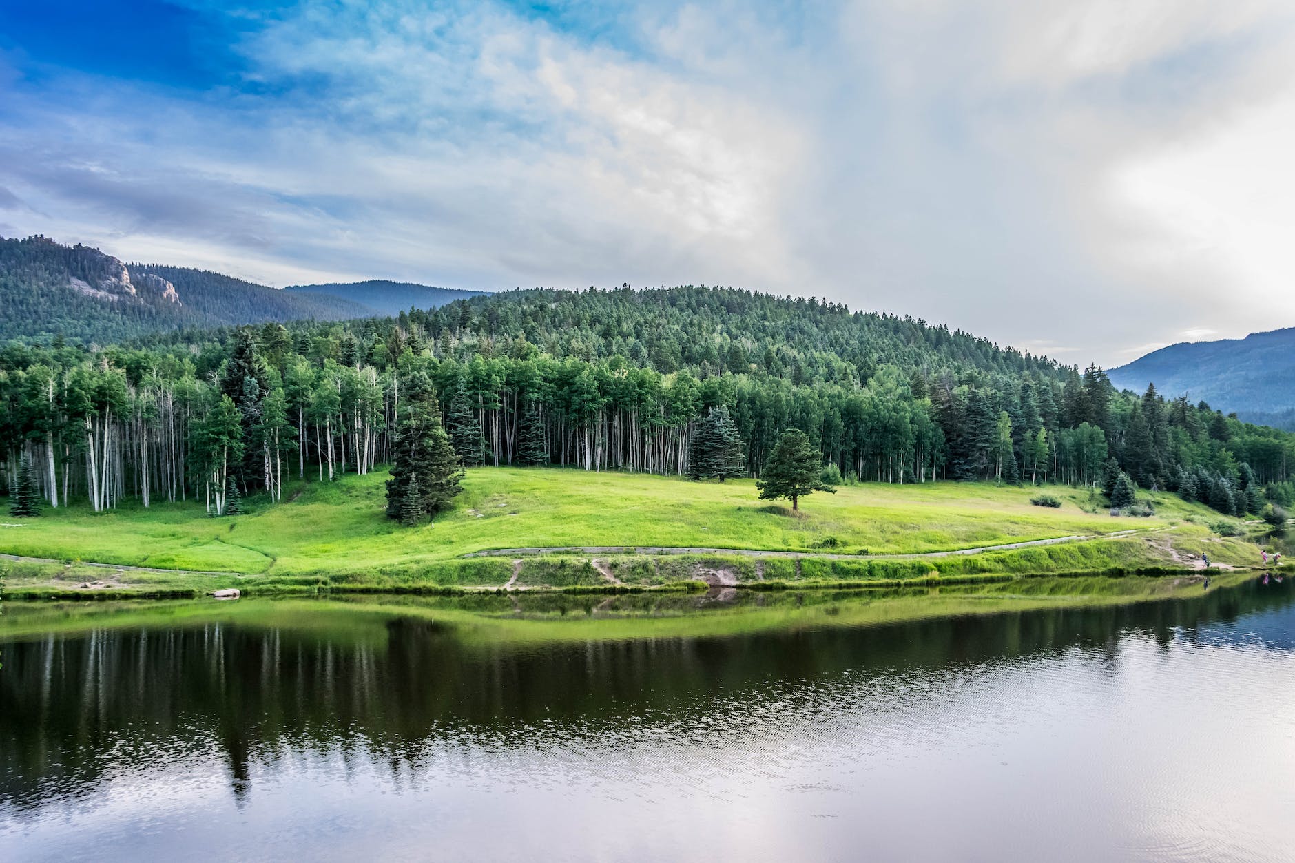 body of water beside green leaved trees under blue cloudy sky