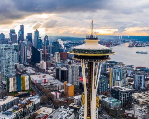 aerial view of city buildings