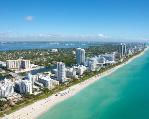 aerial view of city buildings near body of water