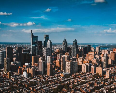 cityscape of modern megapolis with residential area and downtown