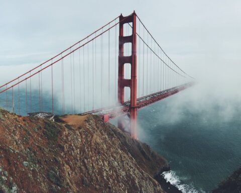 landscape photography of red cable bridge