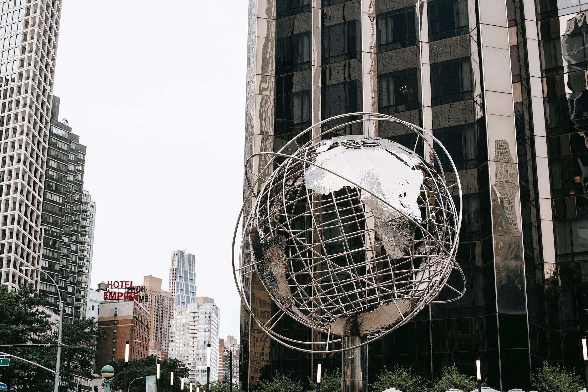 silver globe in columbus circle