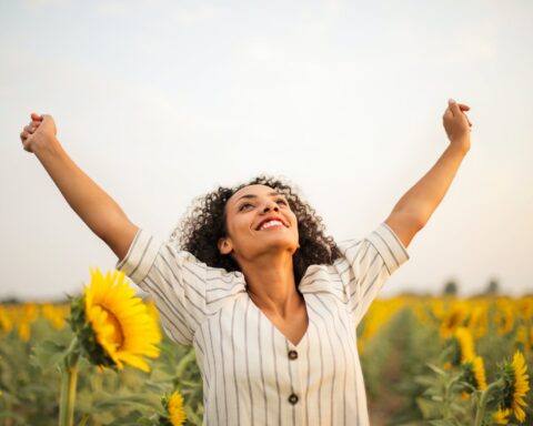 photo of woman standing on sunflower field