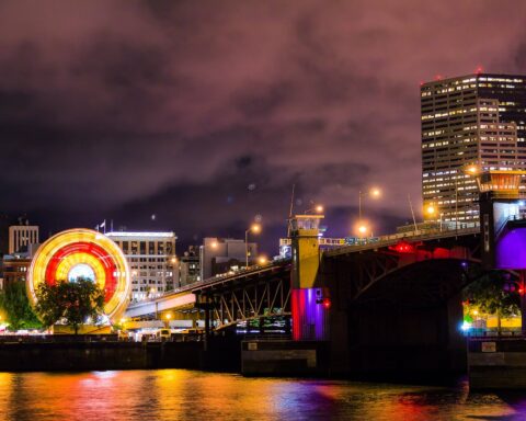 illuminated buildings at night