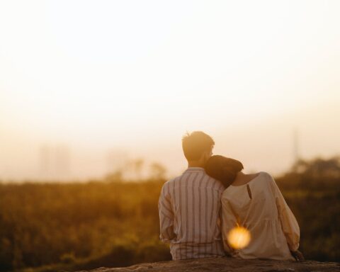 man and woman near grass field